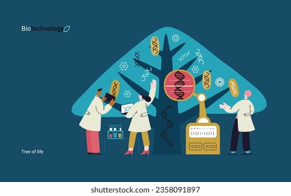 Bio Technology, Tree of life - modern flat vector concept illustration of scientists observing the tree, whose leaves represent various types of DNA. Metaphor of genetic research and diversity of life
