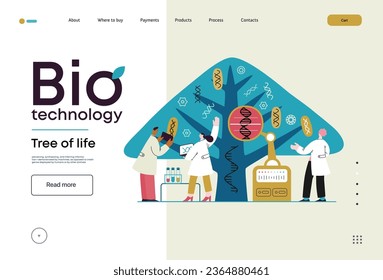 Biotecnología, Árbol de la vida - moderna ilustración del concepto de vector plano de los científicos que observan el árbol, cuyas hojas representan varios tipos de ADN. Metáfora de la investigación genética y diversidad de la vida