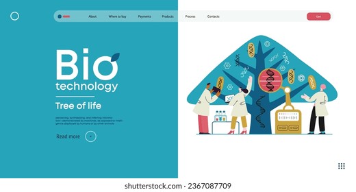 Bio Technology, Tree of life - modern flat vector concept illustration of scientists observing the tree, whose leaves represent various types of DNA. Metaphor of genetic research and diversity of life