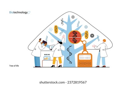 Biotecnología, Árbol de la vida - moderna ilustración del concepto de vector plano de los científicos que observan el árbol, cuyas hojas representan varios tipos de ADN. Metáfora de la investigación genética y diversidad de la vida