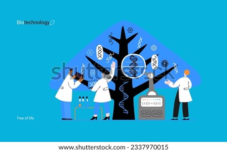 Bio Technology, Tree of life - modern flat vector concept illustration of scientists observing the tree, whose leaves represent various types of DNA. Metaphor of genetic research and diversity of life