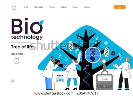 Bio Technology, Tree of life - modern flat vector concept illustration of scientists observing the tree, whose leaves represent various types of DNA. Metaphor of genetic research and diversity of life