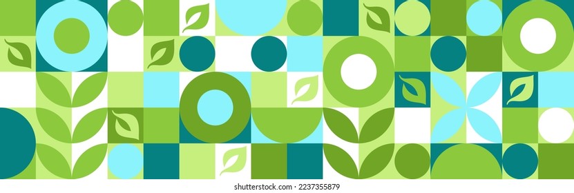 Bio template for ecological social projects, seamless pattern for eco packaging with green flowers. Natural style banner, mosaic of geometric white shapes.