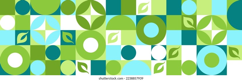 Bio template for ecological social projects, seamless pattern for eco packaging with green flowers. Natural style banner, mosaic of geometric white shapes.