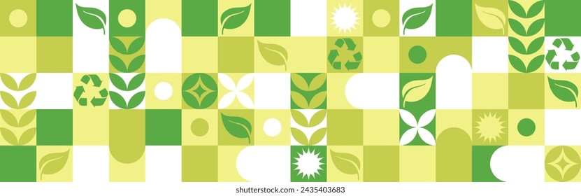 Bio template for ecological social projects, seamless pattern for eco packaging with green flowers. Natural style banner, mosaic of geometric white shapes.