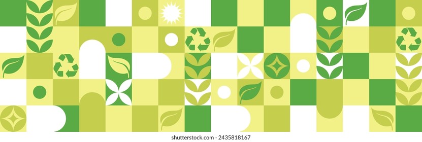 Bio template for ecological social projects, seamless pattern for eco packaging with green flowers. Natural style banner, mosaic of geometric white shapes.