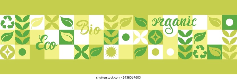 Bio template for ecological social projects, seamless pattern for eco packaging with green flowers. Natural style banner, mosaic of geometric white shapes.