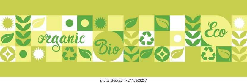 Bio Plantilla para proyectos sociales ecológicos, patrón sin fisuras para empaques ecológicos con flores verdes. Anuncio de estilo natural, mosaico de Formas blancas geométricas.