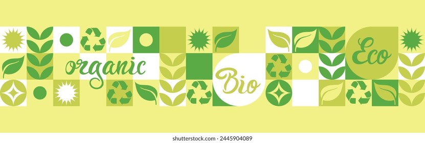 Bio template for ecological social projects, seamless pattern for eco packaging with green flowers. Natural style banner, mosaic of geometric white shapes.