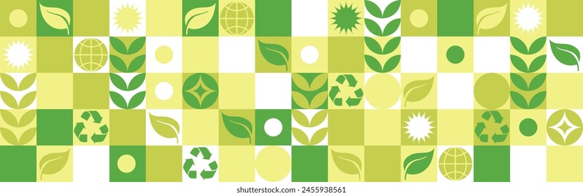 Bio template for ecological social projects, seamless pattern for eco packaging with green flowers. Natural style banner, mosaic of geometric white shapes.