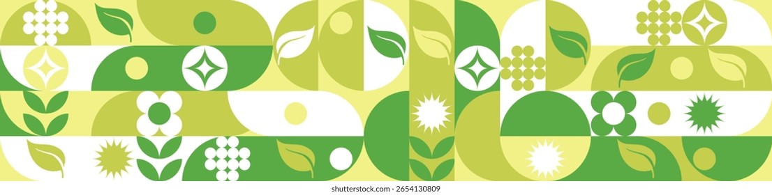 Modelo biológico para projetos sociais ecológicos, padrão perfeito para embalagens ecológicas com flores verdes. Banner estilo natural, mosaico de formas geométricas brancas.