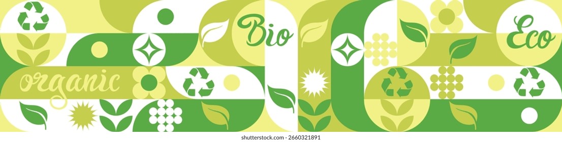 Bio Plantilla para proyectos sociales ecológicos, patrón transparente para embalaje ecológico con flores verdes. Anuncio de estilo natural, mosaico de Formas blancas geométricas.