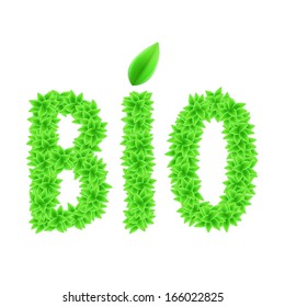 Bio text made of green leaves. Ecology concept. 
