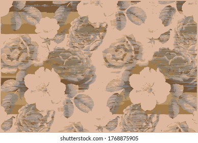 Bio textures or effect with geo motifs and stylish background. Illustration Tulip, rose, chamomile,  branch, lavender, eucalyptus leaves, floral collage pattern watercolor drawing artistic carpet, rug