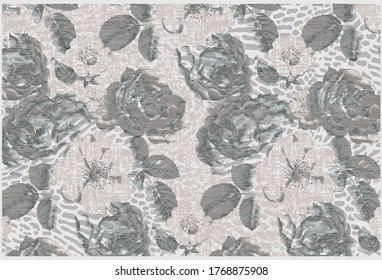 Bio textures or effect with geo motifs and stylish background. Illustration Tulip, rose, chamomile,  branch, lavender, eucalyptus leaves, floral collage pattern watercolor drawing artistic carpet, rug