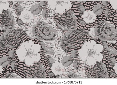 Bio textures or effect with geo motifs and stylish background. Illustration Tulip, rose, chamomile,  branch, lavender, eucalyptus leaves, floral collage pattern watercolor drawing artistic carpet, rug