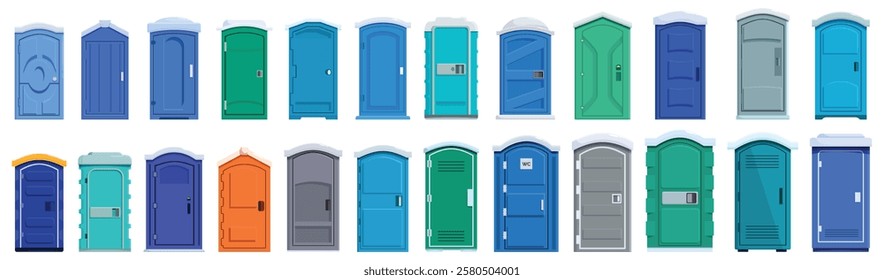  Bio toilet icons set. Collection of colorful portable toilet cabins with snow on top, showcasing variety in design and color for outdoor sanitation needs