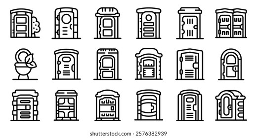  Bio toilet icons set. Portable toilet cabins offering sanitation solutions for various outdoor settings, ensuring hygiene and convenience