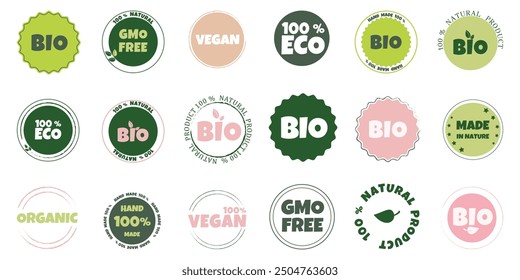 Conjunto de etiquetas bio, vegetariano, libre de transgénicos y ecológicas. Icono orgánico. Insignia de comida ecológica, sello. Pegatinas de comida saludable. Plantillas para productos naturales amigables. Ilustración vectorial.