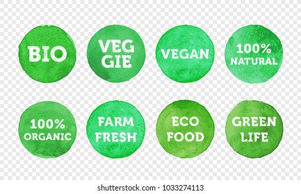 Bio, veggie, farm fresh, vegan, 100% organic and local food product label icon set. Vector green eco symbol for vegetarian banner, sticker tag or logo design. Healthy food badge emblem for packaging