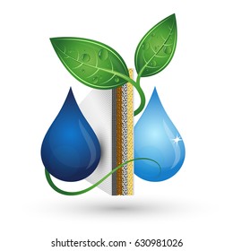 Bio water treatment. Drops of water through a filter and a green leaf.