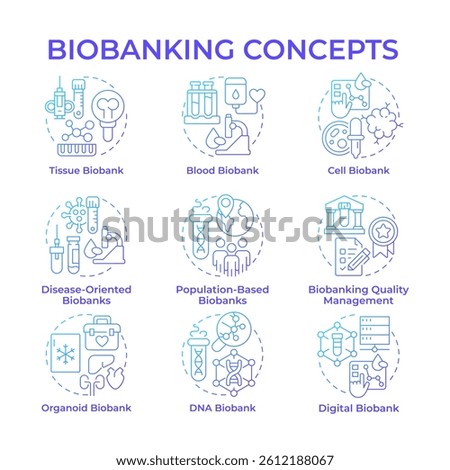 Biobanking blue gradient concept icons. Collections of human biological materials. Icon pack. Medical research facility. Vector images. Round shape illustrations for presentation. Abstract idea