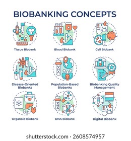 Biobanking multi color concept icons. Collections of human biological materials. Icon pack. Medical research facility. Vector images. Round shape illustrations for presentation. Abstract idea