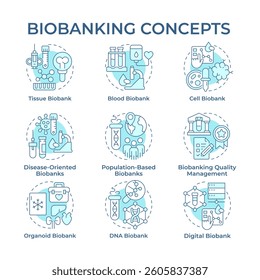 Biobanking soft blue concept icons. Collections of human biological materials. Icon pack. Medical research facility. Vector images. Round shape illustrations for presentation. Abstract idea