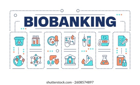 Biobanking word concept isolated on white. Human bio materials storage. Medical cryo preservation. Creative illustration banner surrounded by editable line colorful icons