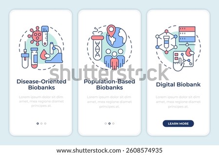 Biobanks classification onboarding mobile app screen. Bio specimens. Walkthrough 3 steps editable graphic instructions with linear concepts. UI, UX, GUI