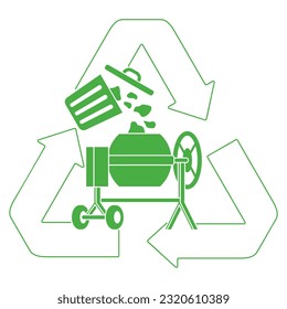 Biocement made from recycling biomaterials - vector badge in thin line with trash can and concrete mixer