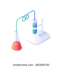 Biochemical distillation of vaccine isometric vector. Test tube with blue liquid in white rack connected laboratory hose flask with red substance. Microbiological medical analysis and clinical test.