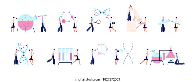 Biochemical laboratory. Colorful scientist, genetic dna research. Bacteria investigation, biological chemical medicine lab test vector set