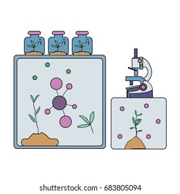 Biochemical laboratory equipment. Microscope, molecules, and laboratory plants. Vector illustration, isolated on white background