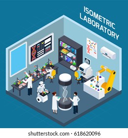 Concepto de diseño isométrico de laboratorio bioquímico con herramientas de investigación genética y equipo altamente tecnológico ilustración vectorial plana 