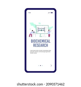 Biochemical research, DNA, genetically modified technologies in bioengineering lab in flat vector illustration isolated on white. Onboarding screen with researcher making scientific discovery