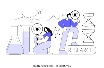 Personal del laboratorio de ciencias bioquímicas que explora el ADN. Concepto de investigación científica. Ilustración vectorial plana.