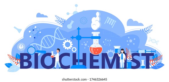 Biochemist online learning concept. Biological technology, biotechnology science vector. Scientists study microorganisms in microscope. Medical research illustration for homepage, horizontal banner.