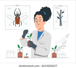 Biochemist scientific taking green liquid with micropipette putting on sapling observing genetic mutation. Growing GMOs in the laboratory. Biologist woman working in biochemistry laboratory. 2726