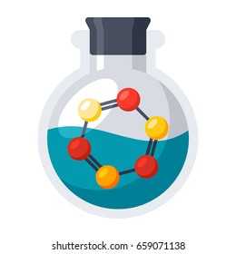 Biochemistry concept with laboratory flask and molecule, vector illustration in flat style
