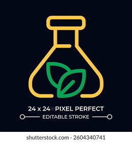 Biochemistry dark color line ui icon. Fresh plant leaves within erlenmeyer flask. Researching botanical samples. Vector duotone outline symbol isolated. User interface element, pixel perfect