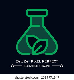 Biochemistry dark color ui icon. Fresh plant leaves within erlenmeyer flask. Researching botanical samples. Vector colorful symbol isolated on black. User interface element, pixel perfect