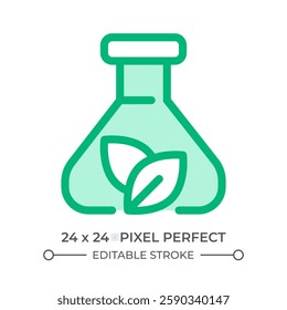 Biochemistry duotone color ui icon. Fresh plant leaves within erlenmeyer flask. Researching botanical samples. Isolated vector illustration. Web design user interface element, pixel perfect