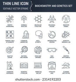 Biochemistry and Genetics Icons Set. Intelligent Symbol Collection with Thin Line Images. Stroke Pictogram Graphics for Design. High-Quality Outline Vector Symbol Concept. Premium Monoline Aesthetic