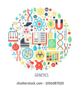 Biochemistry genetics technology flat infographics icons in circle - color concept illustration for sewing cover, emblem, template.