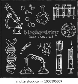 Biochemistry. Hand drawn doodle set. Vector illustration. Isolated elements on blackboardbackground. Symbol collection.