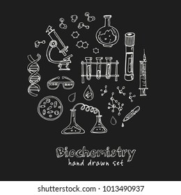 Biochemistry. Hand drawn doodle set. Vector illustration. Isolated elements on black background. Symbol collection.