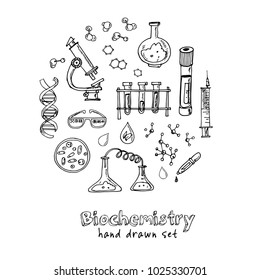 Biochemistry. Hand drawn doodle set. Vector illustration. Isolated elements on white background. Symbol collection.