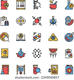 Biochemistry icon set in colored line style.biology, chemistry, mocule,science,flask,virus, bacteria ,collection. Vector illustration.
