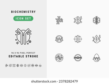 Biochemistry Includes Peptide, Amino Acid, Antibody, Gene and Protein. Line Icons Set. Editable Stroke Vector Stock. 96 x 96 Pixel Perfect.